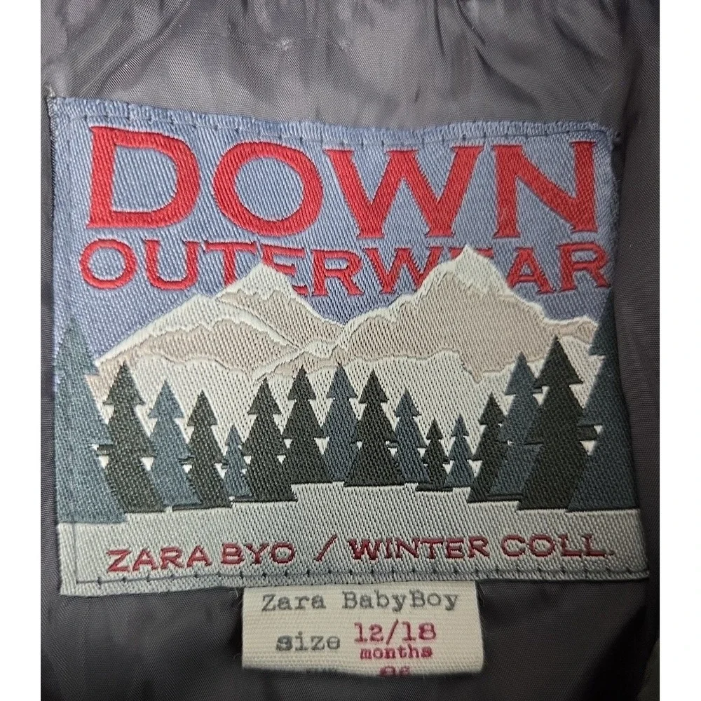 Zara Boys 12-18 Months Down Puffer Coat Jacket Faux‎ Fur Hood Parka Olive Green